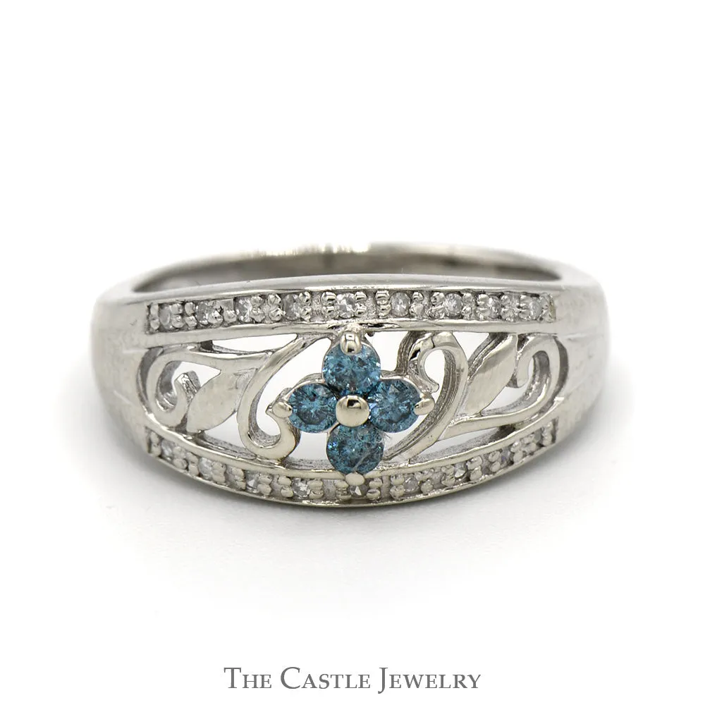 1/4cttw Blue Diamond Flower Cluster with Diamond Accents in 14k White Gold Floral Band