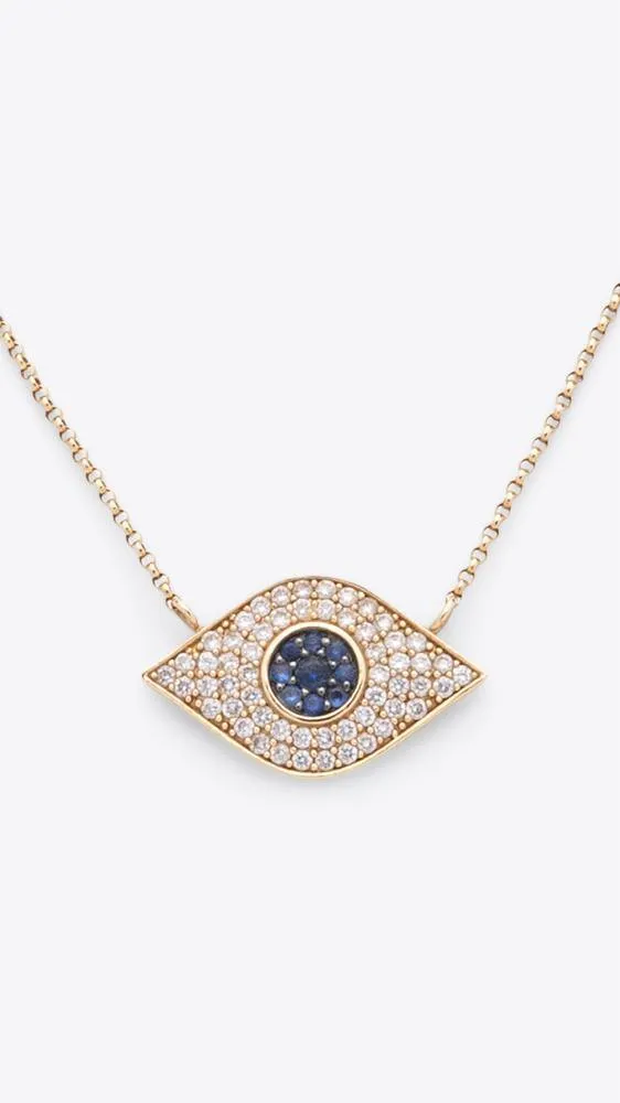 14k Yellow Gold Evil Eye Necklace with Saphire Center