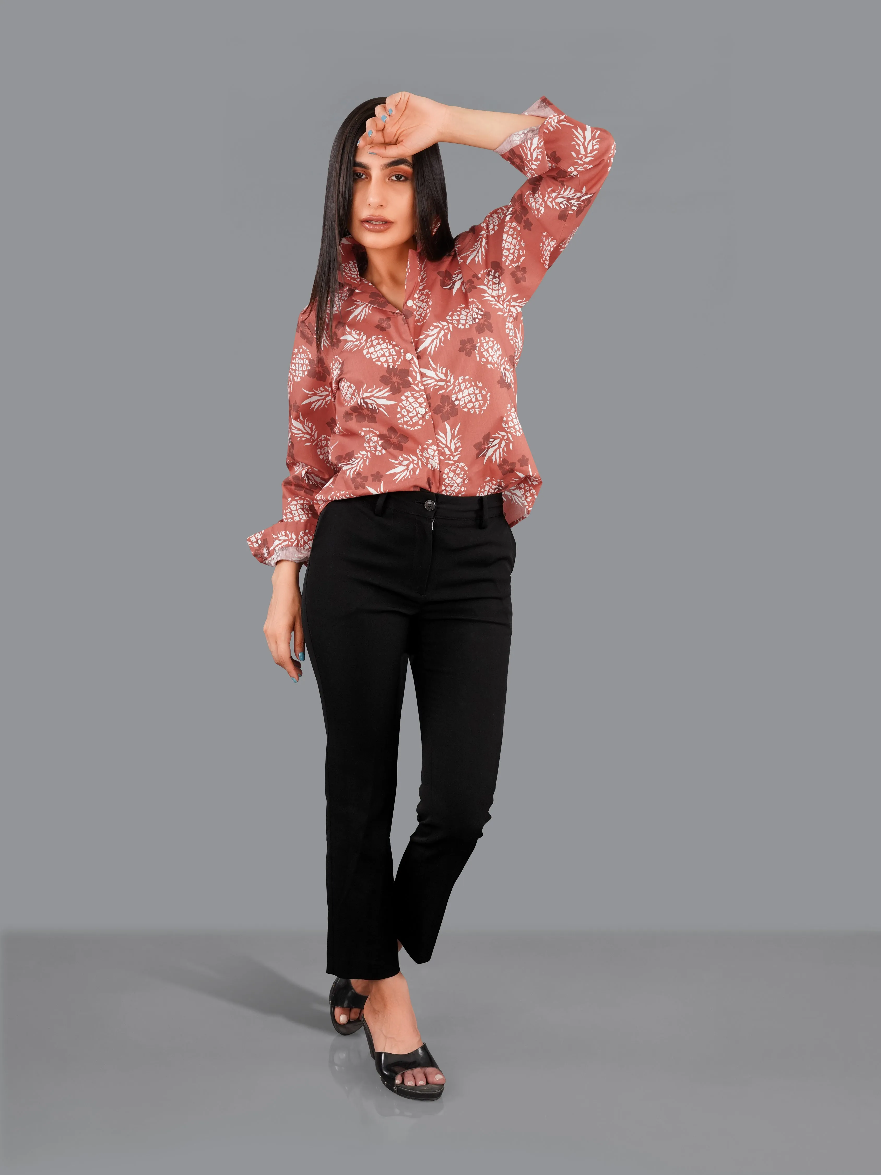 Antique Peach Pineapple Printed Premium Cotton Shirt