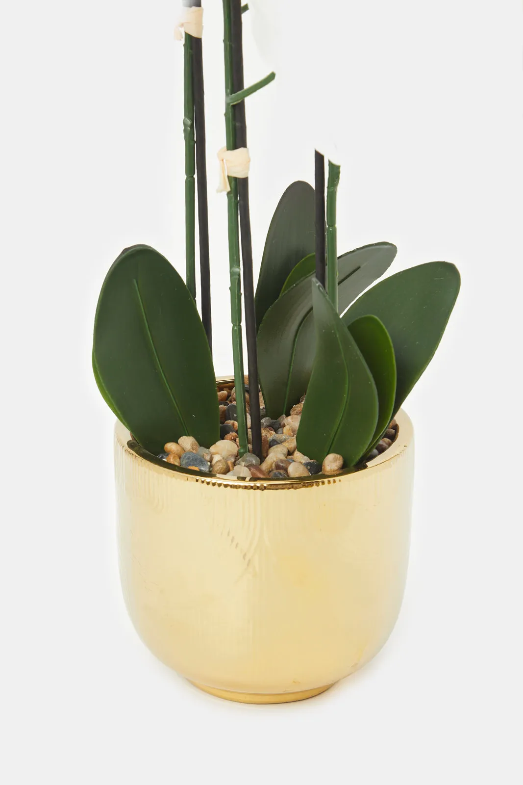 Artificial Orchid Flower In Gold And White Ceramic Vase