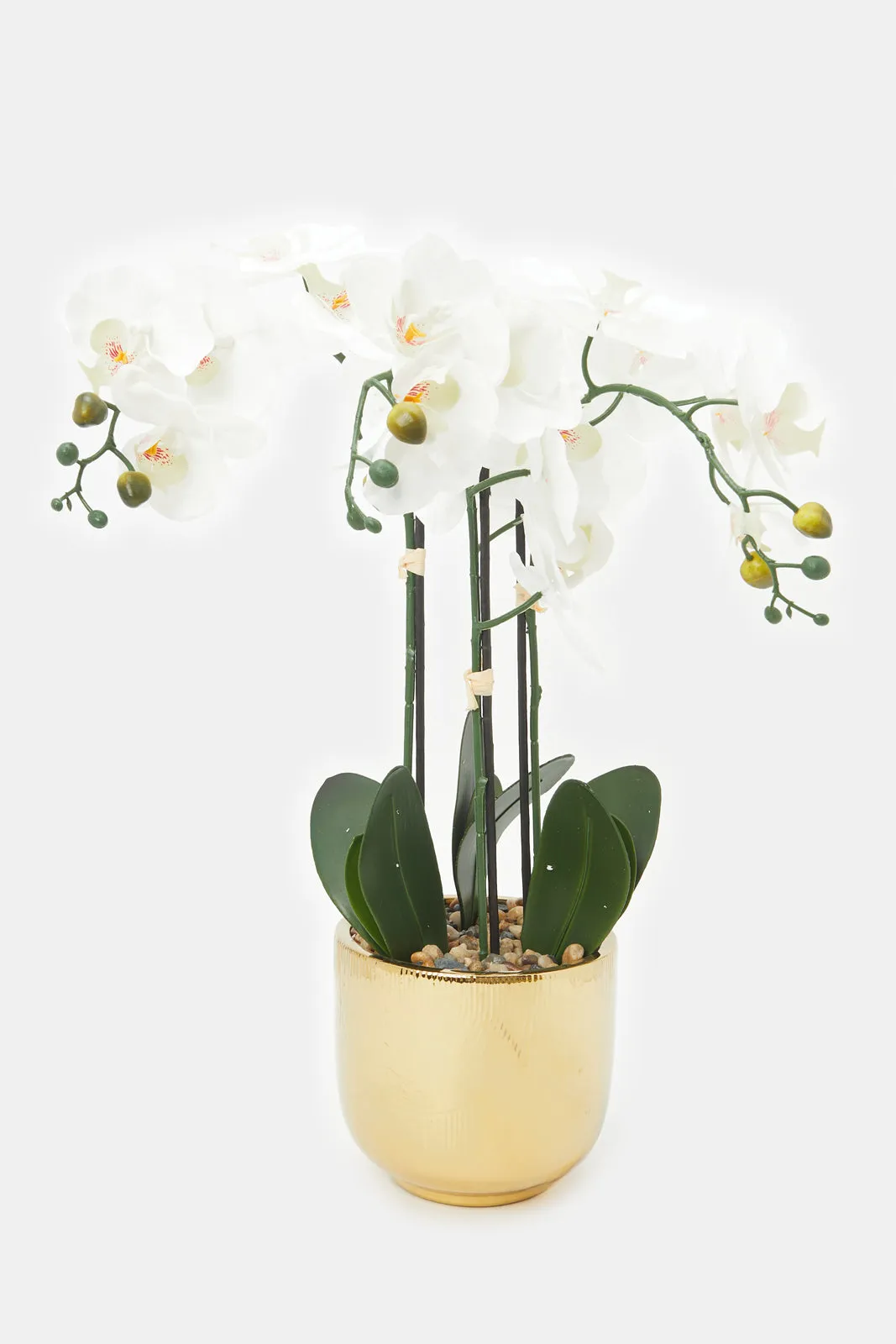 Artificial Orchid Flower In Gold And White Ceramic Vase