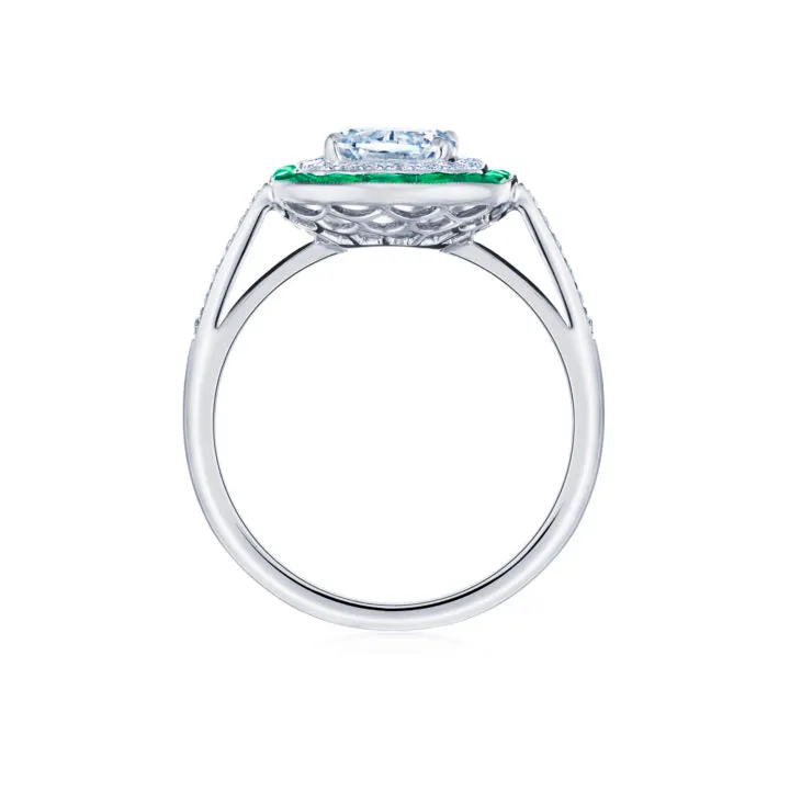 ASHOKA® Engagement Ring with Emerald and Diamond Halos in Platinum