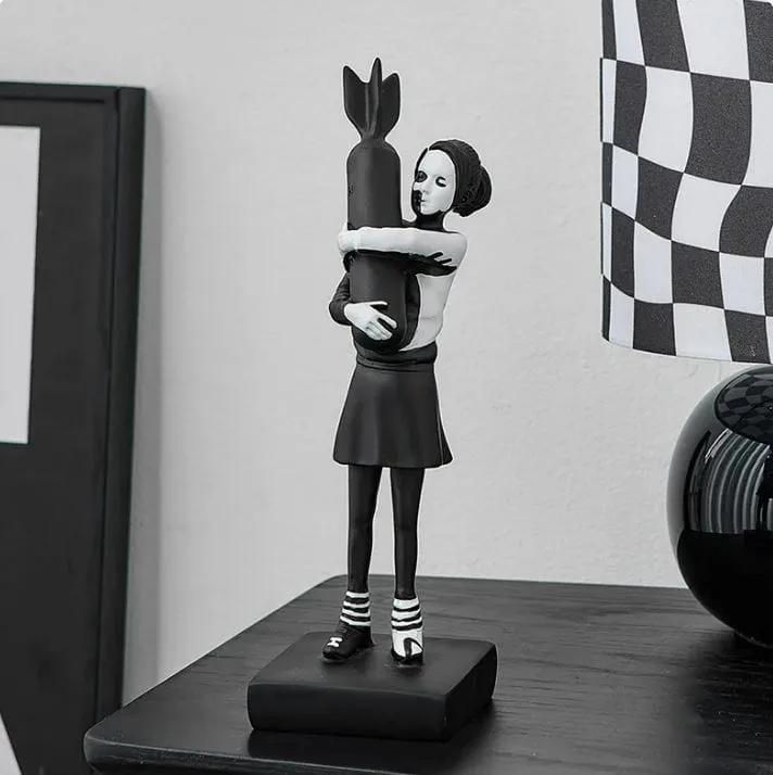 Banksy Inspired Hugging Bomb Girl Sculpture: Modern Art Statue for Elegant Home or Office Décor