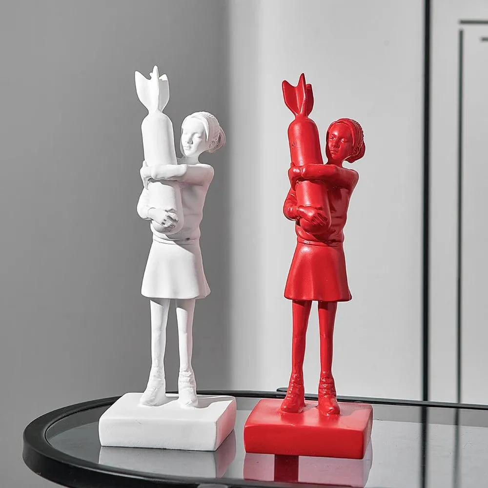 Banksy Inspired Hugging Bomb Girl Sculpture: Modern Art Statue for Elegant Home or Office Décor