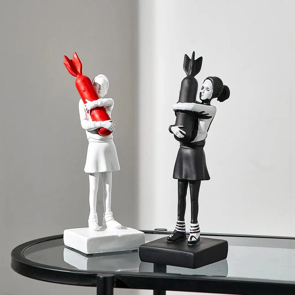 Banksy Inspired Hugging Bomb Girl Sculpture: Modern Art Statue for Elegant Home or Office Décor