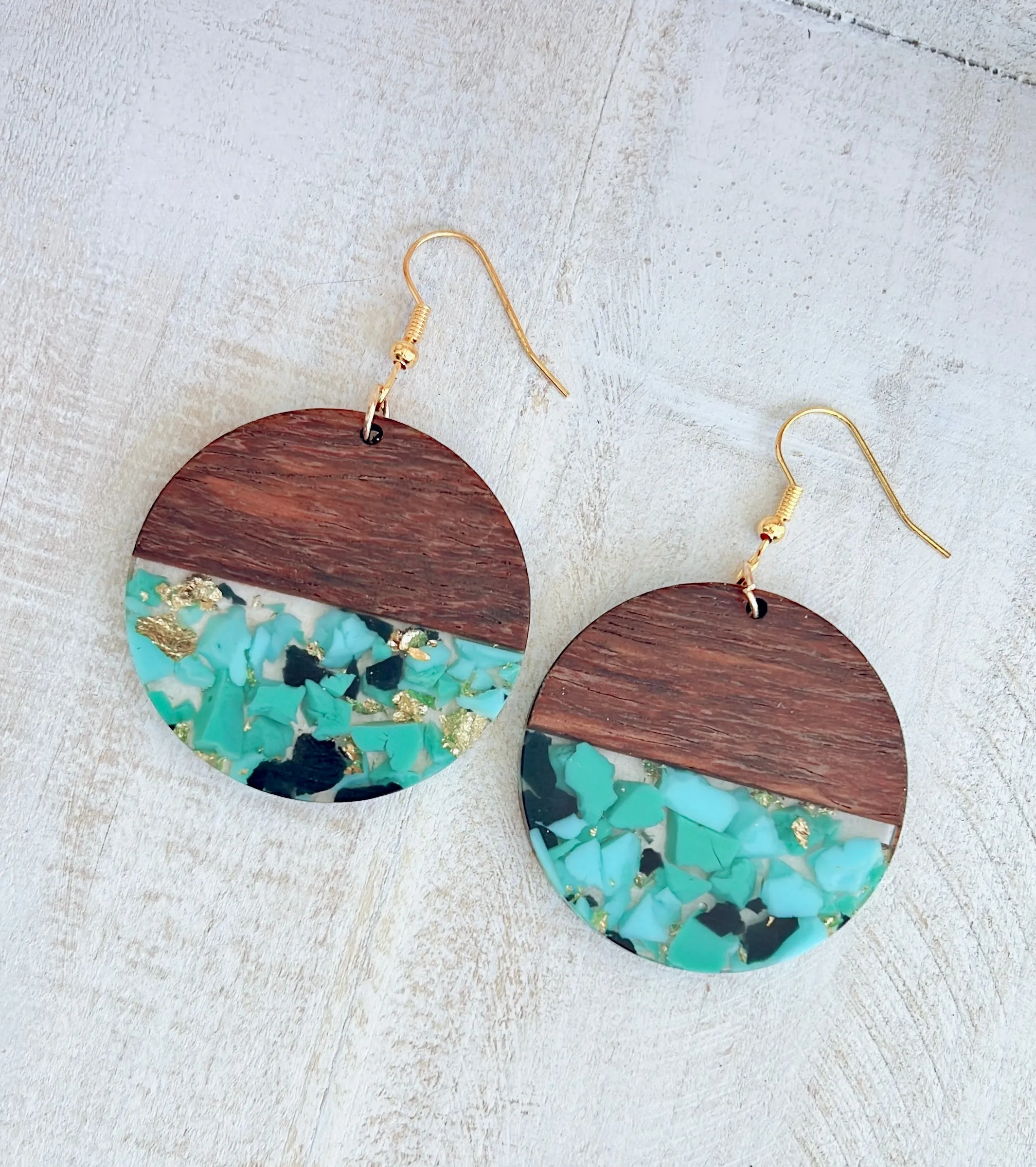 Beautiful Round Wood and Green Patchwork Resin Drop Earrings