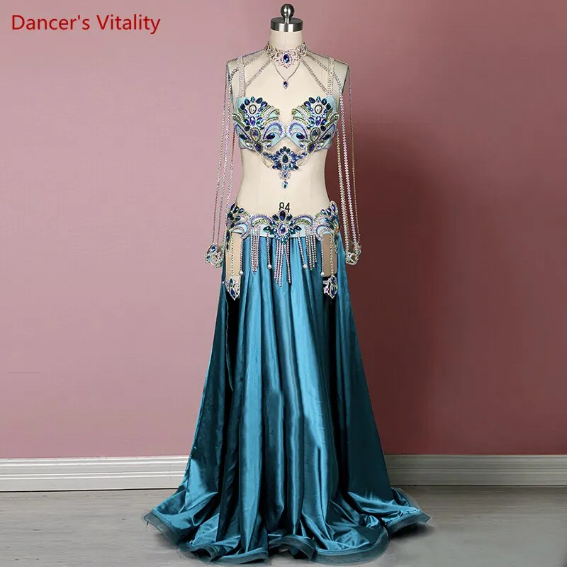 Belly Dance Competition Costume Suit for Women Cusomized Bra satin Split Long Skirt 2pcs Female Oriental Bellydance Outfit