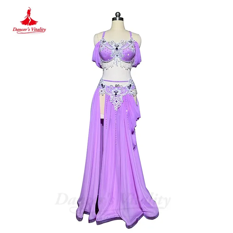 Belly Dance Competiton Costume Suit Customsized Adult Children Stones Bra spling Long Skirt 2pcs for Women Oriental Dancewear