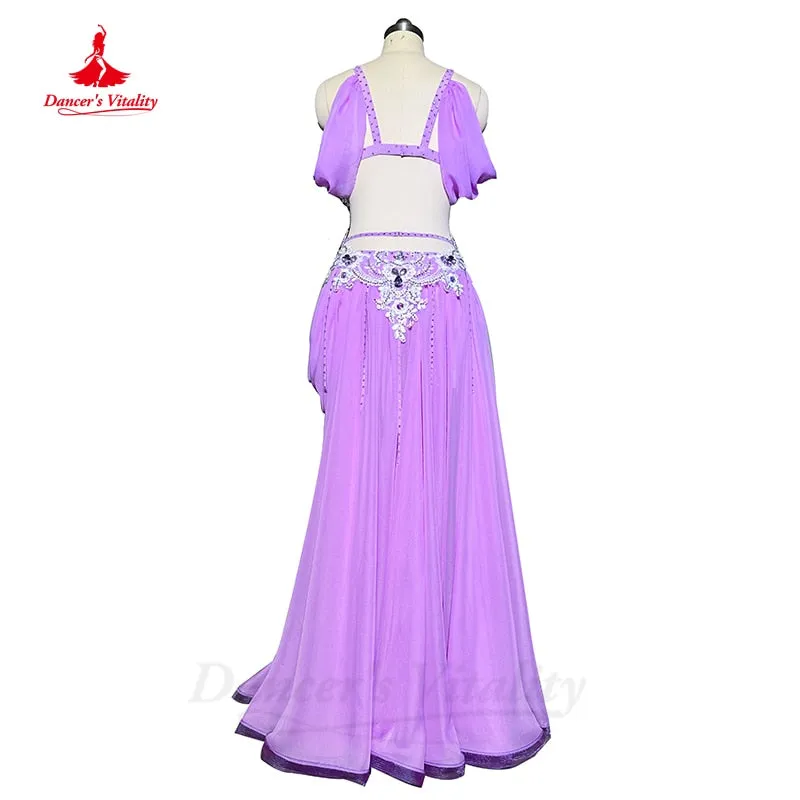 Belly Dance Competiton Costume Suit Customsized Adult Children Stones Bra spling Long Skirt 2pcs for Women Oriental Dancewear