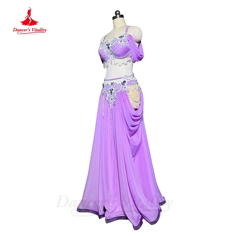 Belly Dance Competiton Costume Suit Customsized Adult Children Stones Bra spling Long Skirt 2pcs for Women Oriental Dancewear