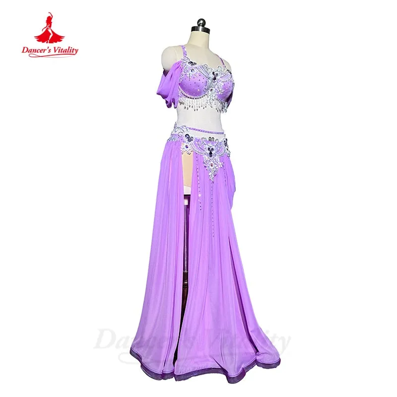 Belly Dance Competiton Costume Suit Customsized Adult Children Stones Bra spling Long Skirt 2pcs for Women Oriental Dancewear