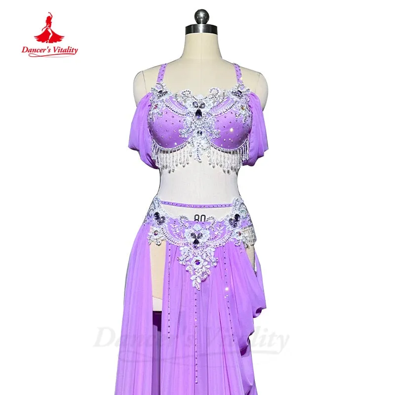 Belly Dance Competiton Costume Suit Customsized Adult Children Stones Bra spling Long Skirt 2pcs for Women Oriental Dancewear