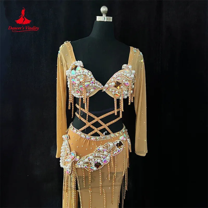 Belly Dance Costume Suit for Women Oriental Senior Pearls Bra mesh Skirt 2pcs Custom Adult Child Popsong Classic Costume Outfit