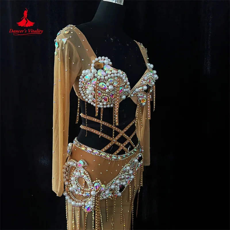 Belly Dance Costume Suit for Women Oriental Senior Pearls Bra mesh Skirt 2pcs Custom Adult Child Popsong Classic Costume Outfit