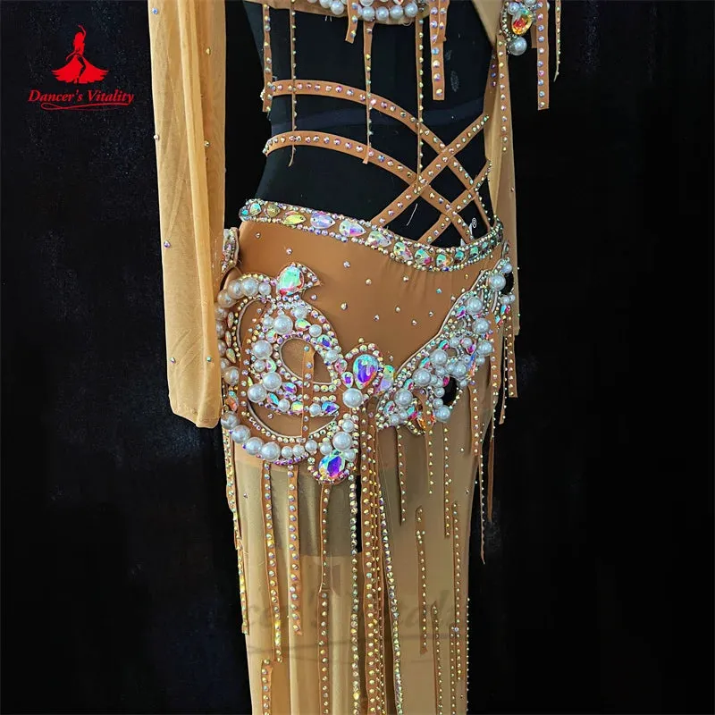 Belly Dance Costume Suit for Women Oriental Senior Pearls Bra mesh Skirt 2pcs Custom Adult Child Popsong Classic Costume Outfit