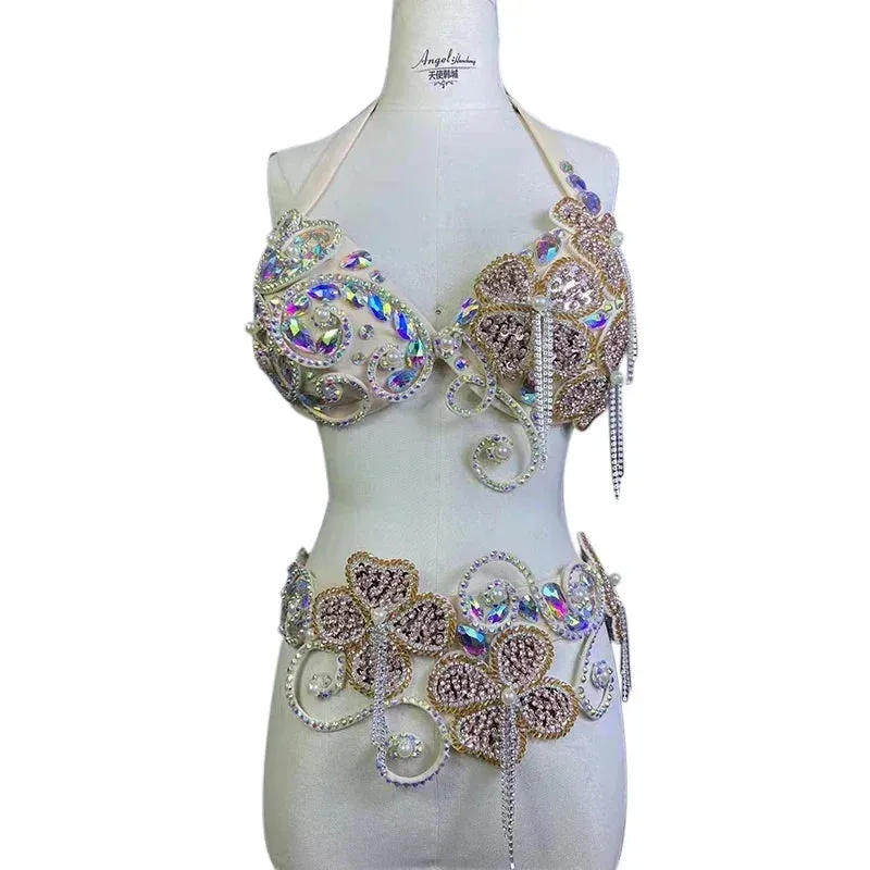 Belly Dance Costume Suit Women Customsized Hand Made Bra belt 2pcs Girl's Oriental Belly Dancing Belt Competitoin Suit