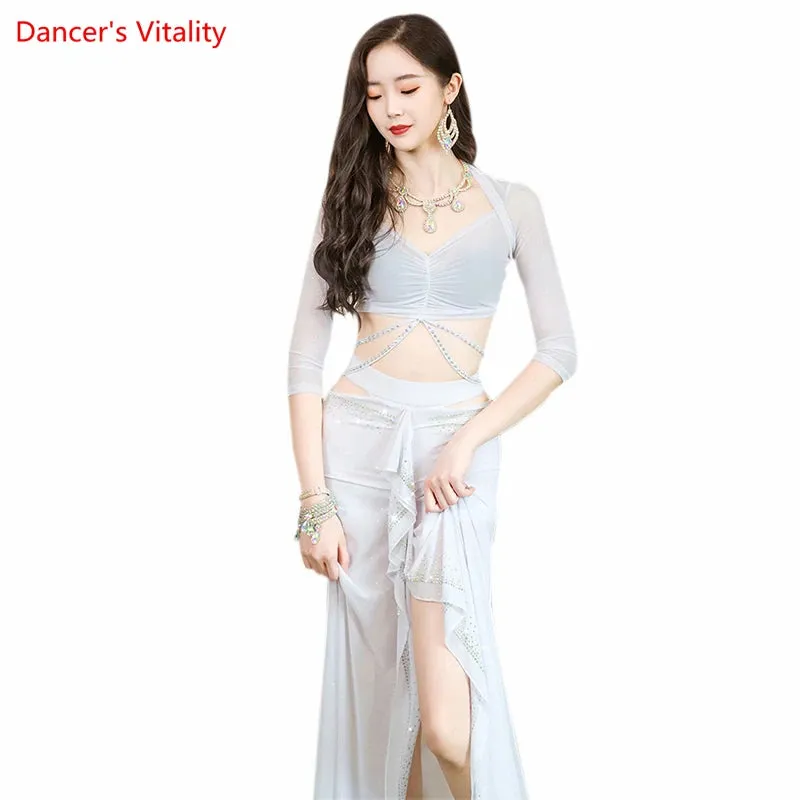 Belly Dance Performance Clothing Suit for Women Bellydance Half Sleeves Top mesh Long Skirt 2pcs Oriental  Professional Set Wear