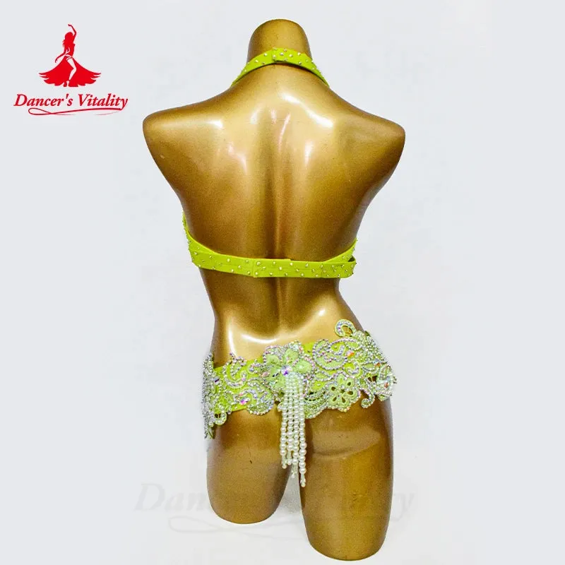 Belly Dance Performance Set for Women Senior AB Stones Bra belt Pcs Customsized Oriental Belly Dancing Competiton Suit