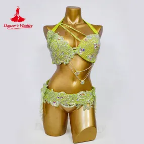 Belly Dance Performance Set for Women Senior AB Stones Bra belt Pcs Customsized Oriental Belly Dancing Competiton Suit