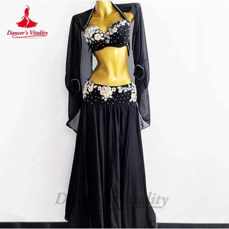 Belly Dance Performance Suit for Women Custom Chiffon Long Sleeves bra satin Skirt 3pcs Adult Child Oriental Bellydance Outfit