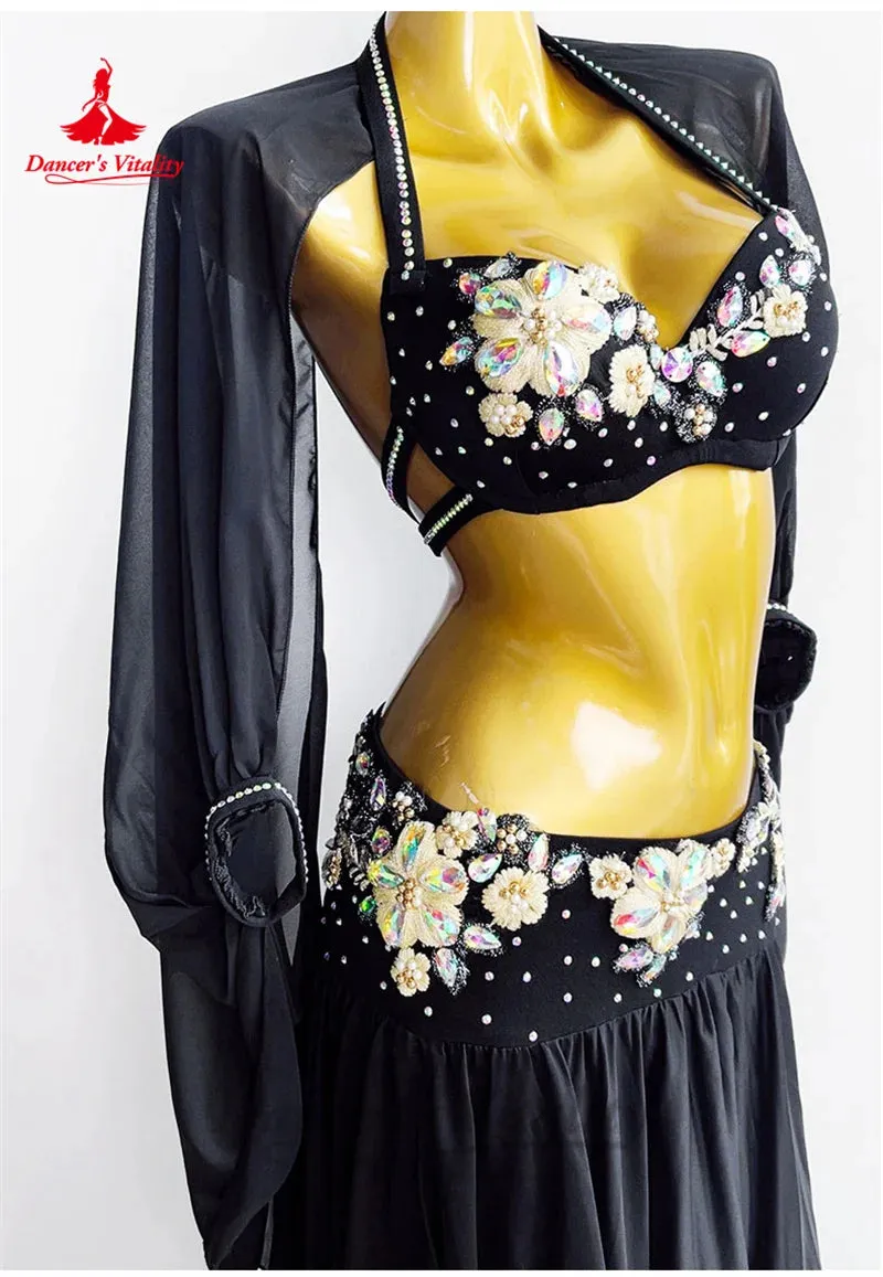 Belly Dance Performance Suit for Women Custom Chiffon Long Sleeves bra satin Skirt 3pcs Adult Child Oriental Bellydance Outfit