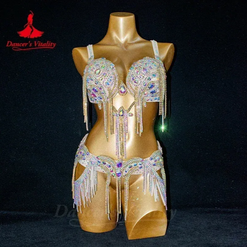 Belly Dance Performance Suit for Women Senior AB Stones Bra belt 2pcs Customized Adult Children Oriental Belly Dancing Outfit