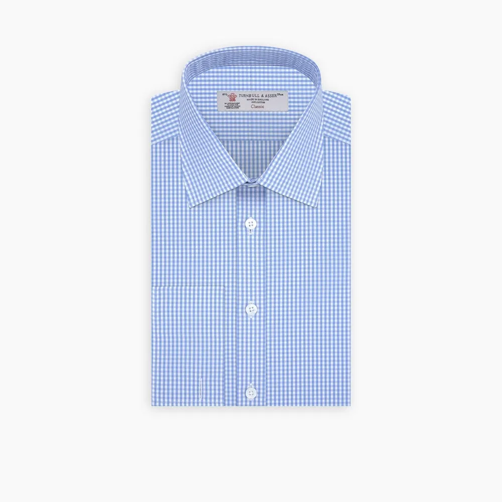 Blue and White Check Shirt with T & A Collar and Double Cuff