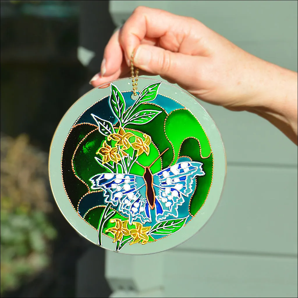 Blue Butterfly on Green Stained Glass Sun Catcher