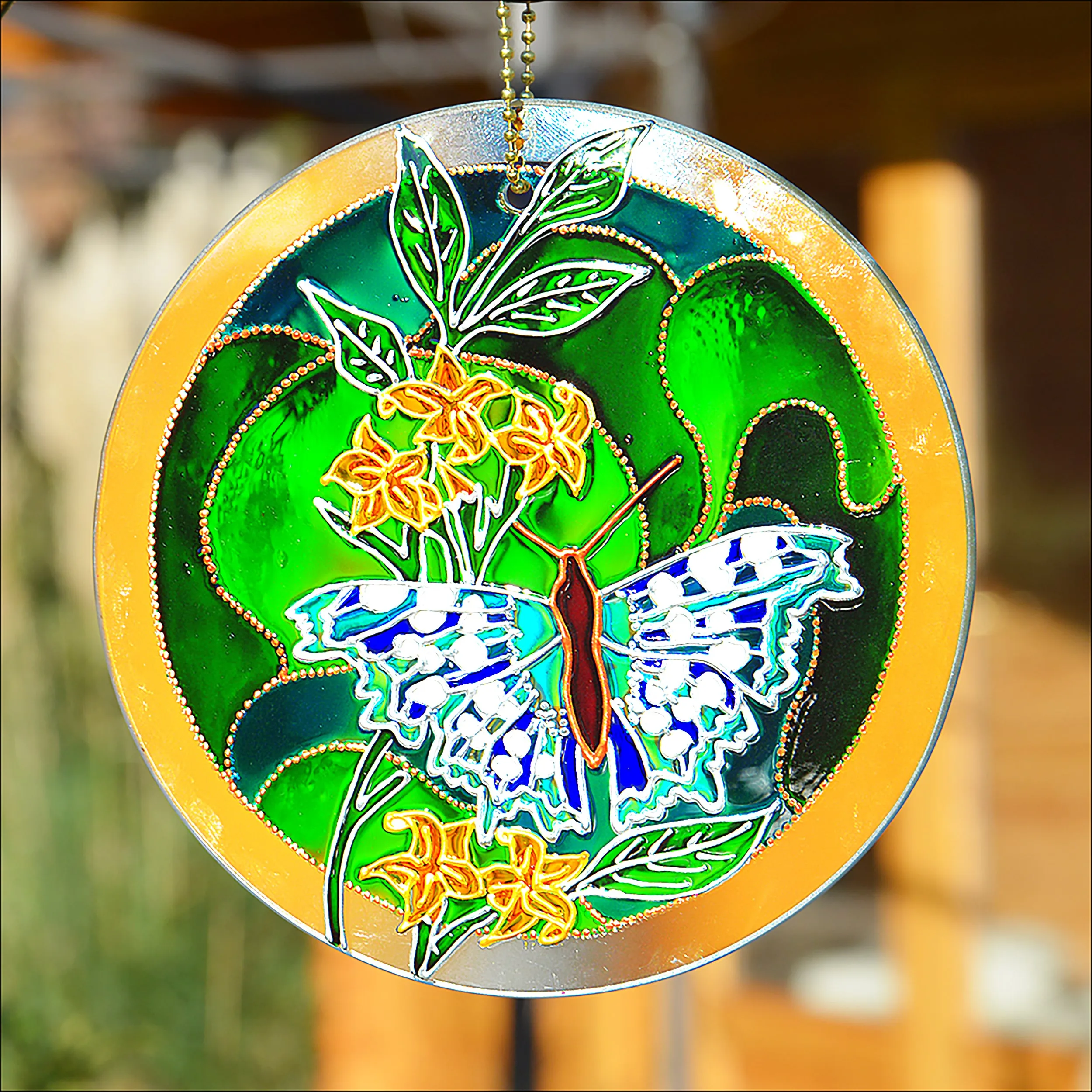 Blue Butterfly on Green Stained Glass Sun Catcher