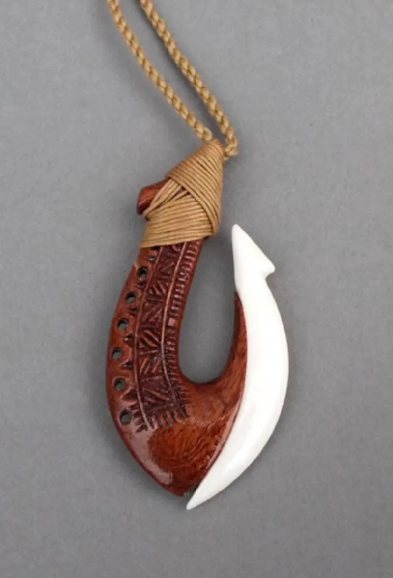 Bone and Wood Hook Necklace with Polynesian Carving