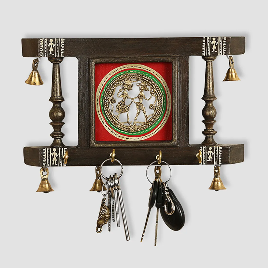 'Brass People On Teak Wood' Warli Handpainted Key Holder with Dhokra Art (4 Hooks)