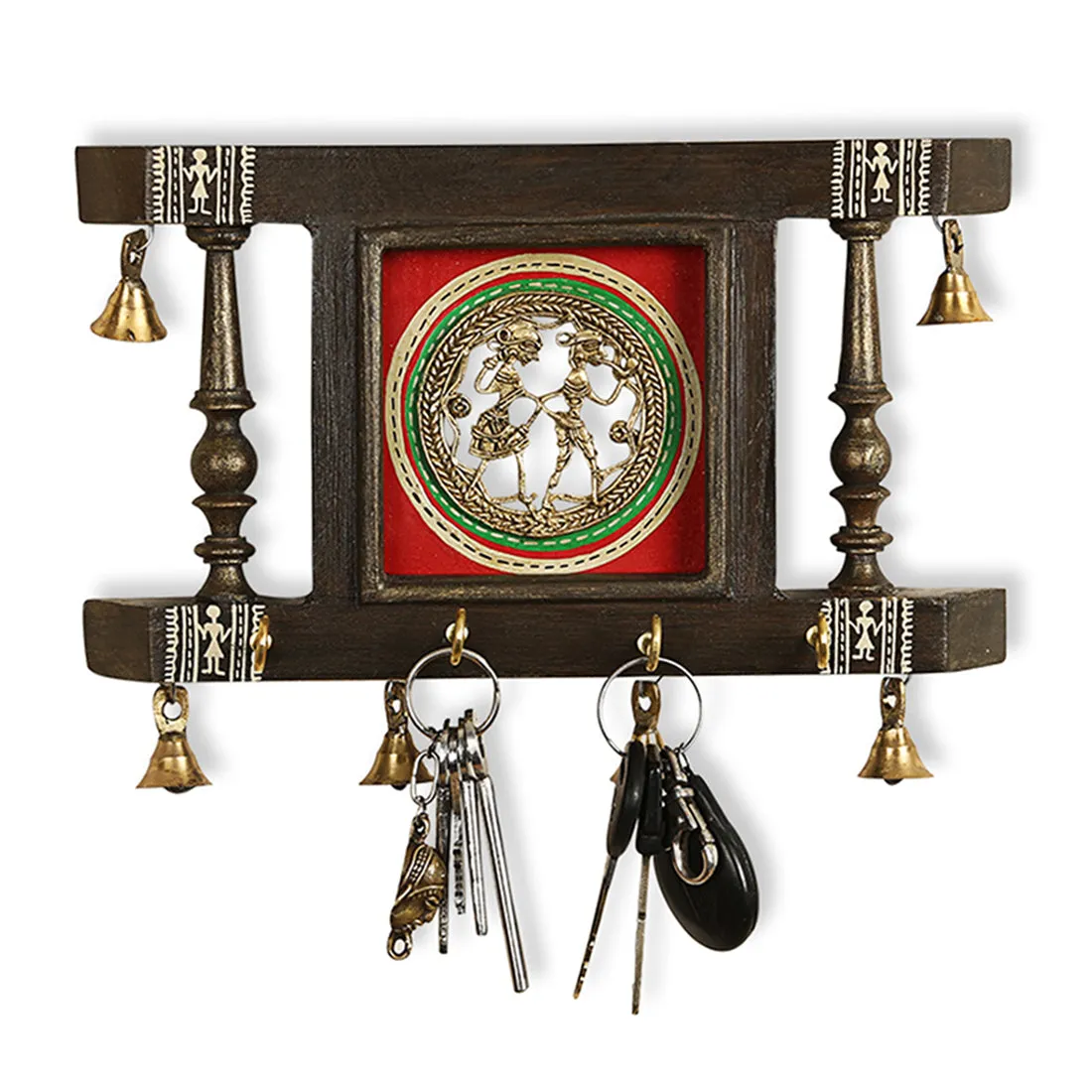 'Brass People On Teak Wood' Warli Handpainted Key Holder with Dhokra Art (4 Hooks)