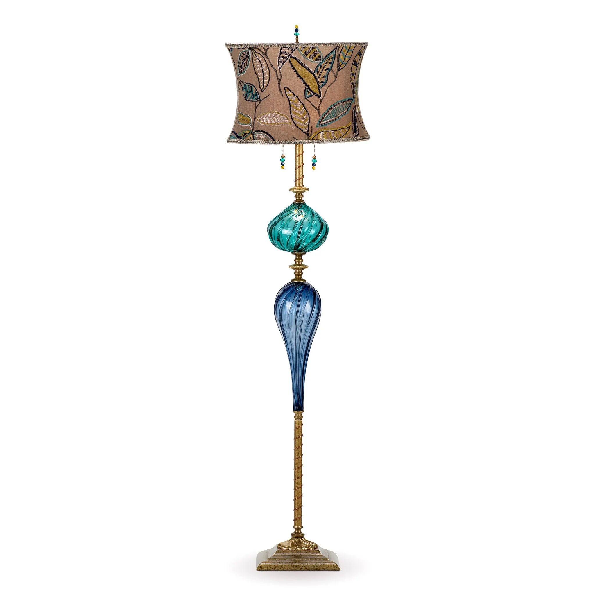 Carlito Floor Lamp F216I167 Colors Blue Turquoise White and Yellow Shade Blue and Turquoise Blown Glass Base by Kinzig Design