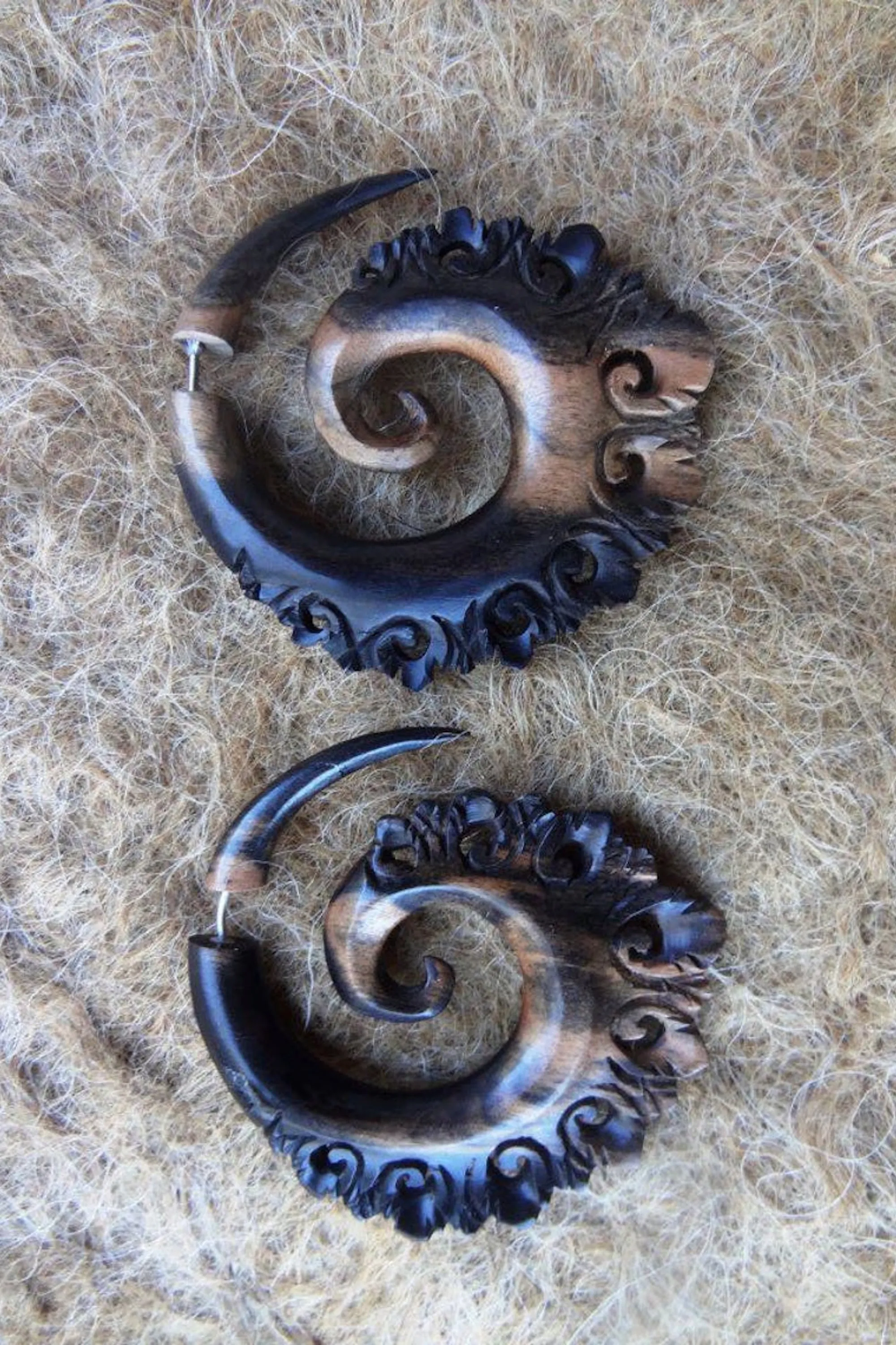 Carved Wood ๑ Tribal Earrings ๑