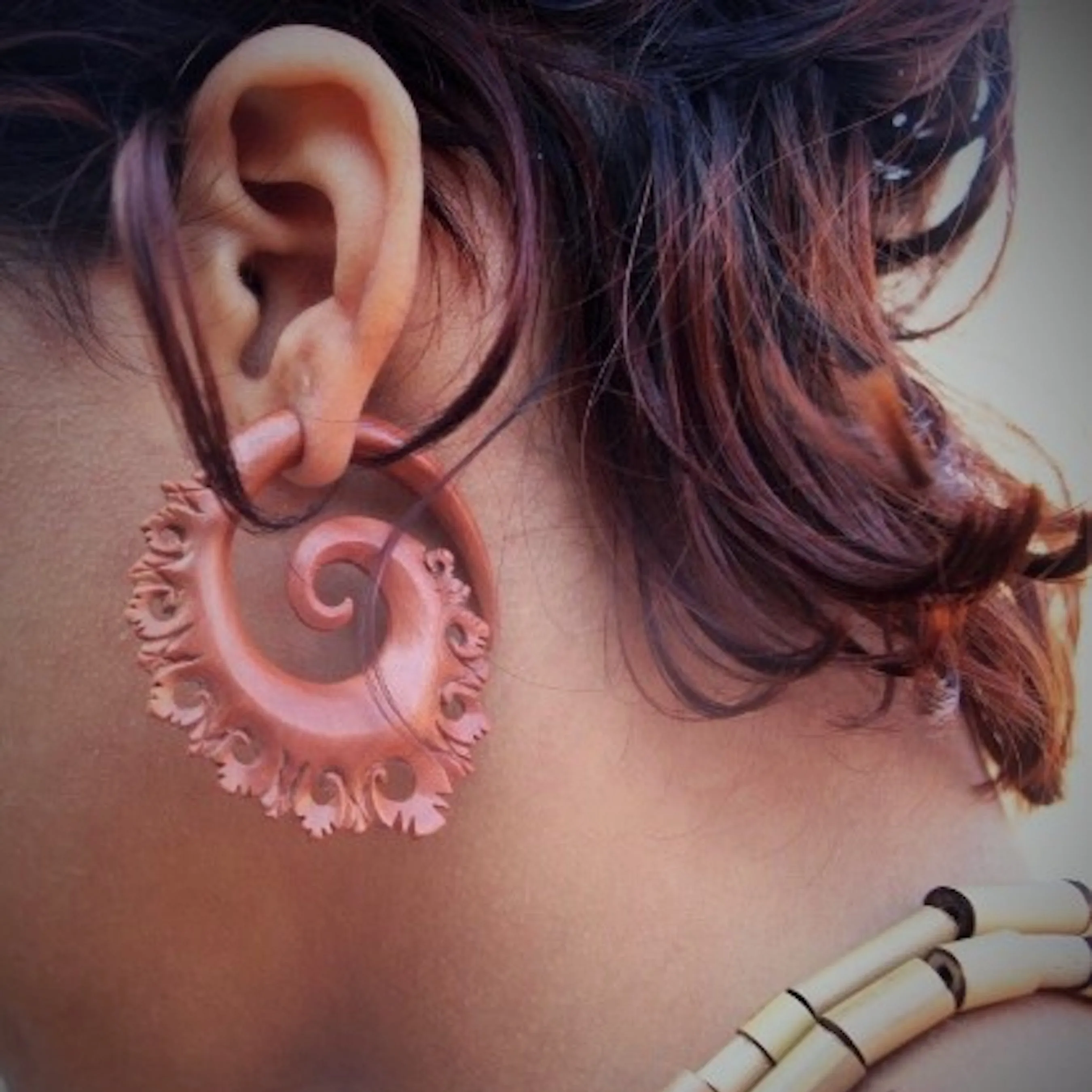 Carved Wood ๑ Tribal Earrings ๑