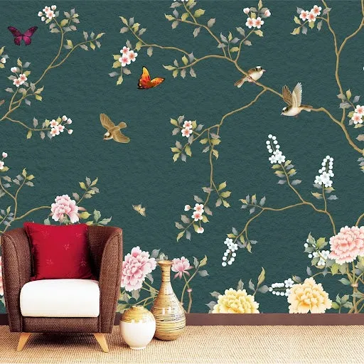 Chinoiserie Wall Mural with Birds and Flowers, Customised