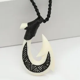 Cow Bone Fish Hook with Black Enamel Carving Necklace 25x42mm