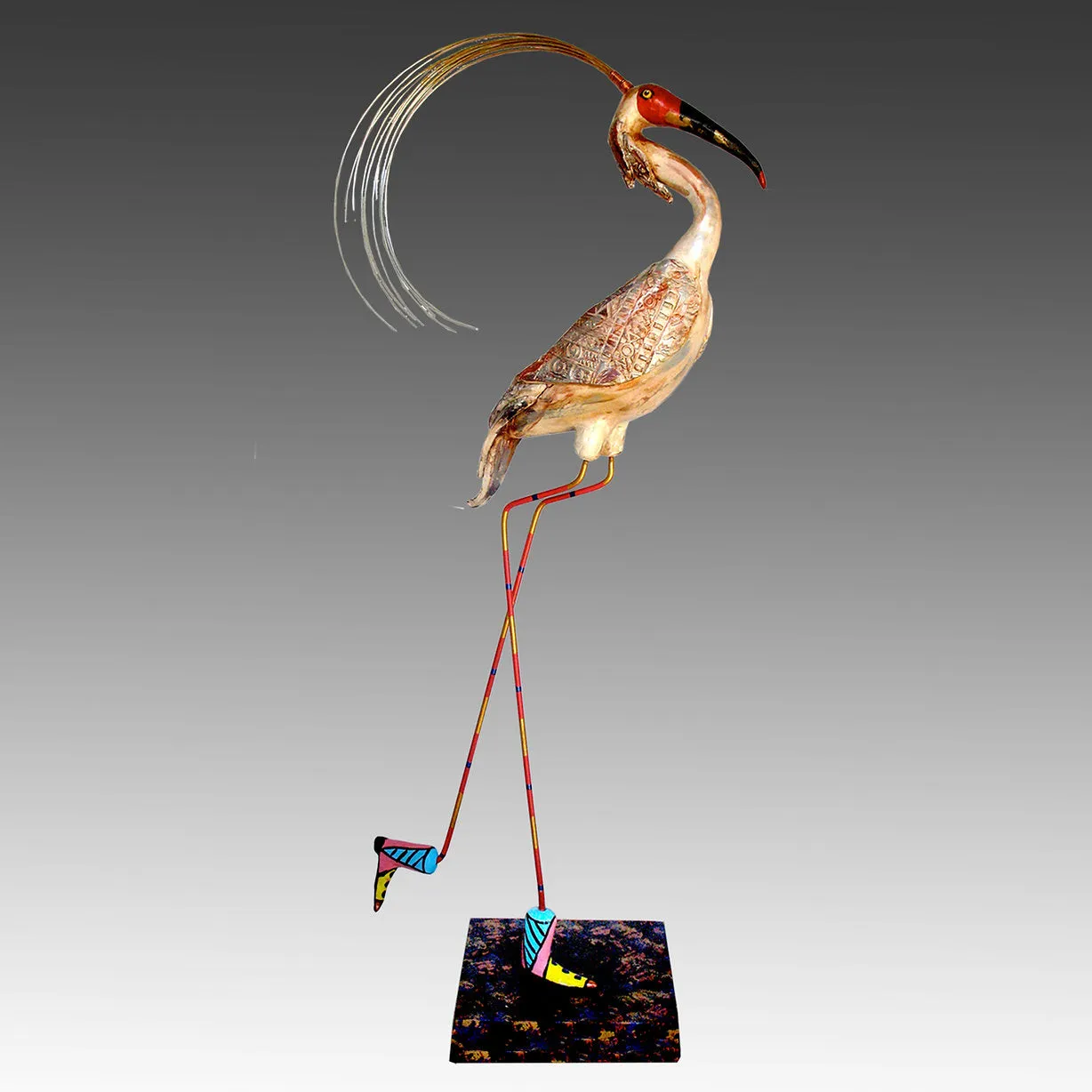 Crested Ibis Whimsical Handmade Ceramic Bird Sculpture by Steven McGovney