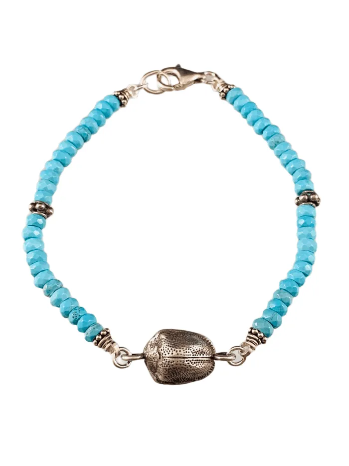 Faceted Turquoise Sterling Scarab Beetle Charm Bracelet