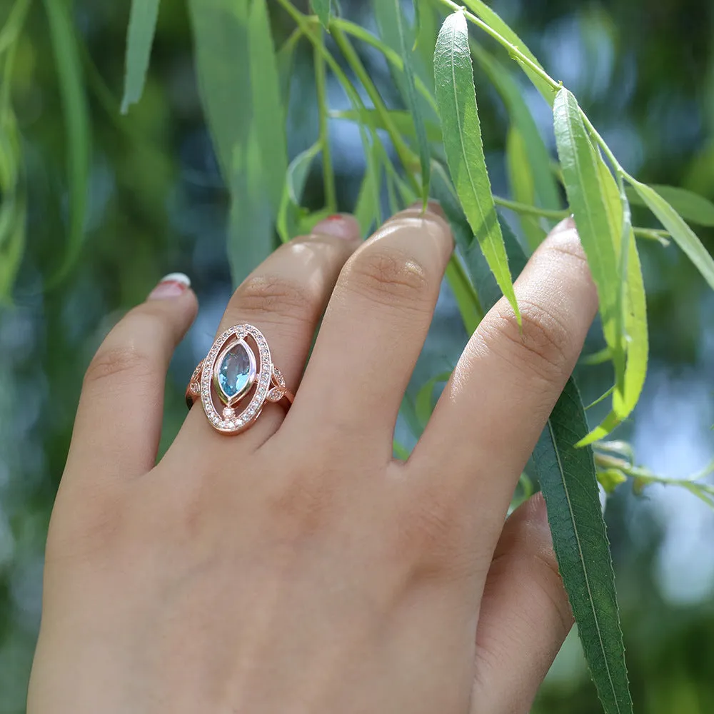 Faux Aquamarine Crystal and Marcasite Ring