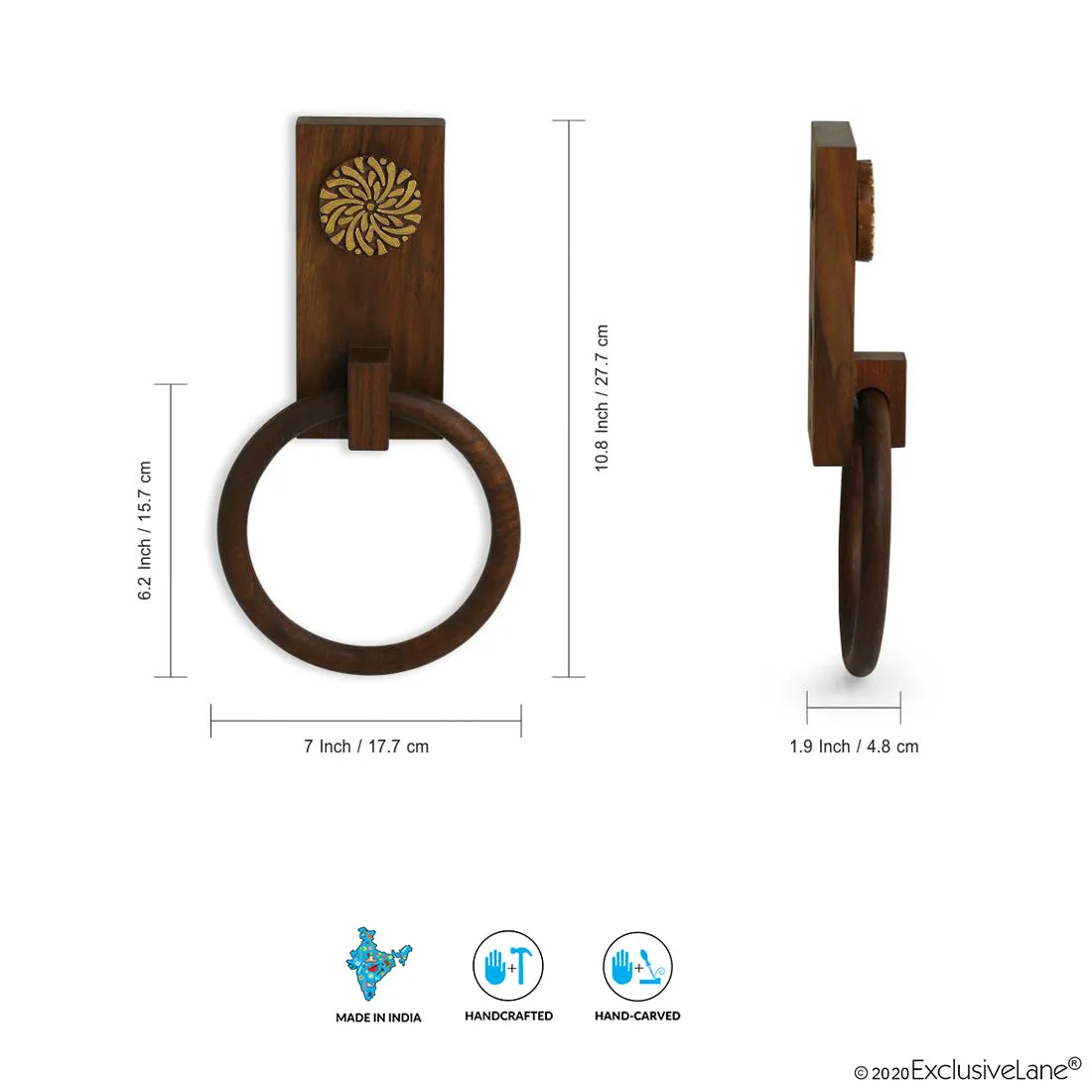 'Floral Block' Hand Carved Sheesham Wood Towel Ring Holder