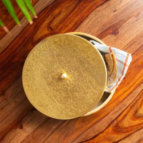 'Floral-Etched' Handcrafted Chapati Box In Brass & Mango Wood