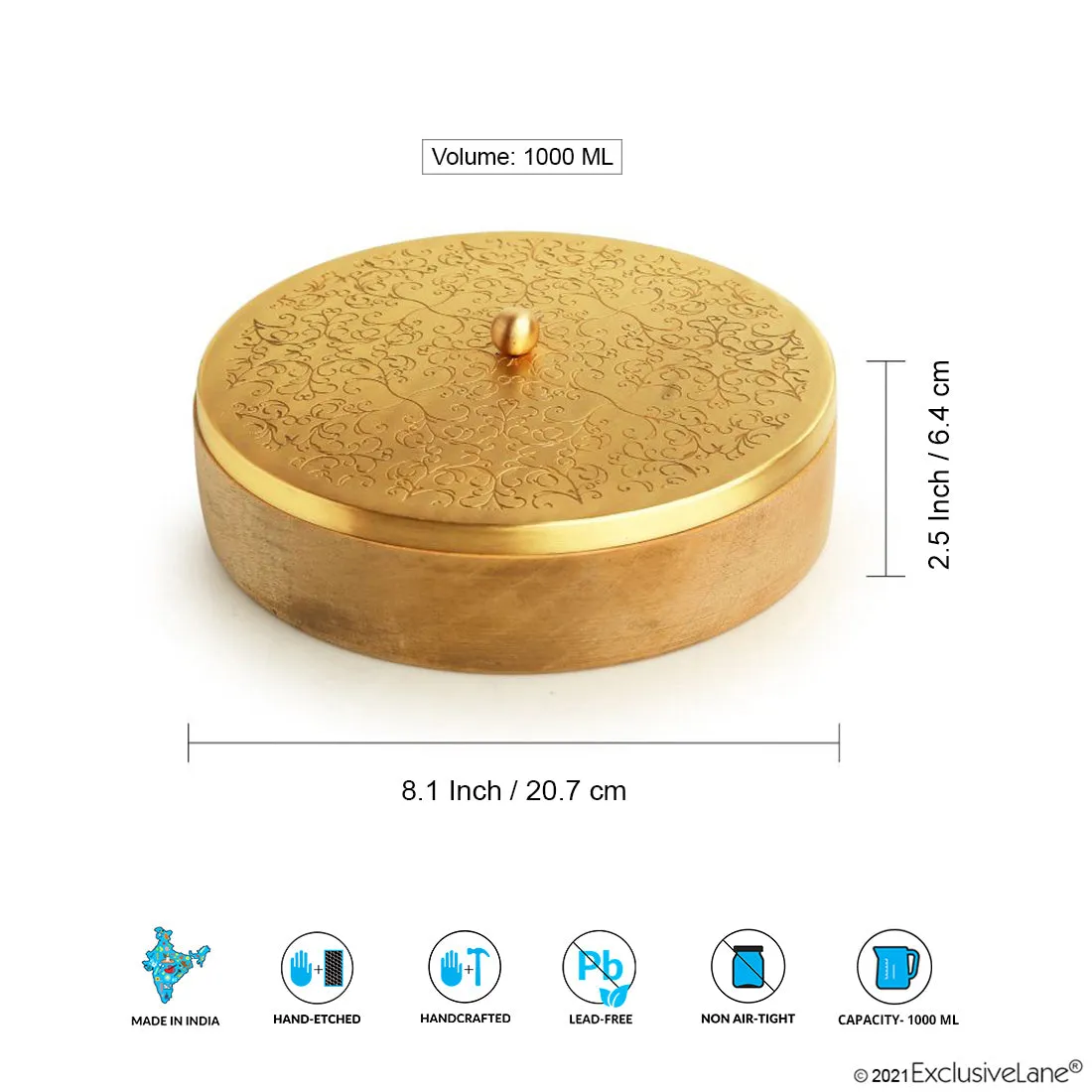 'Floral-Etched' Handcrafted Chapati Box In Brass & Mango Wood