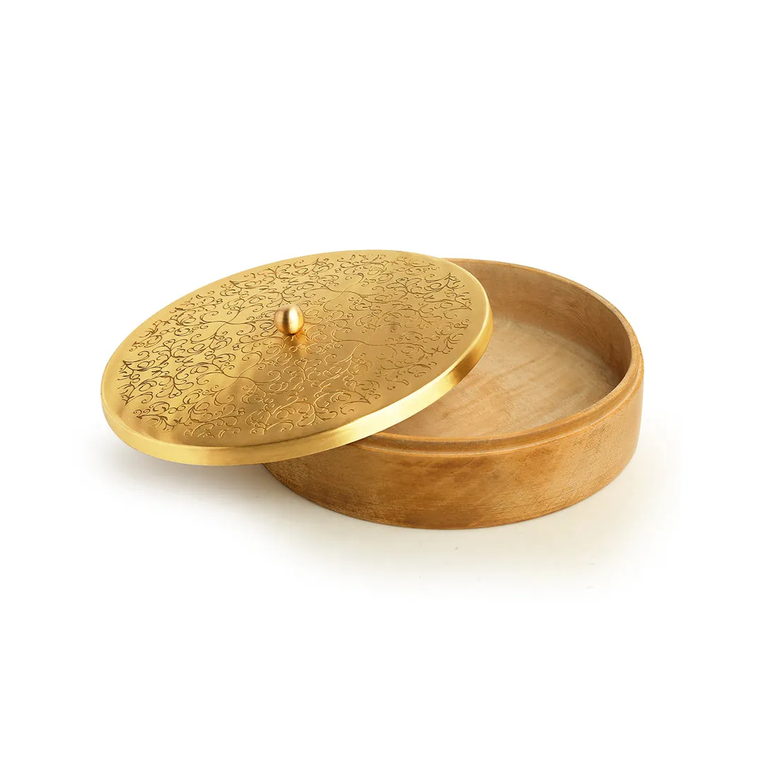 'Floral-Etched' Handcrafted Chapati Box In Brass & Mango Wood