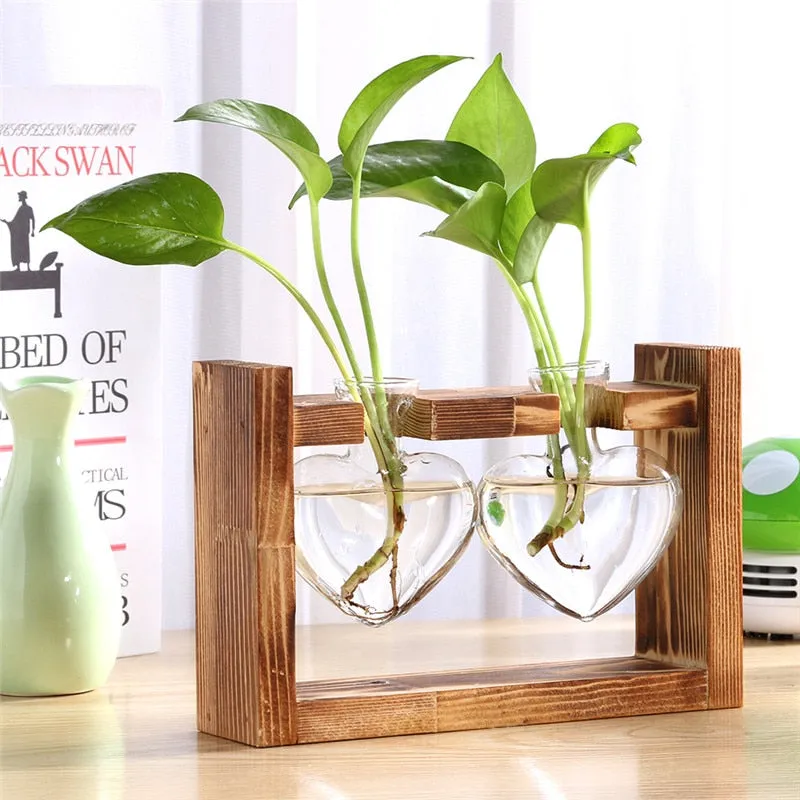 Glass and Wood  Planter Table Desktop Vase