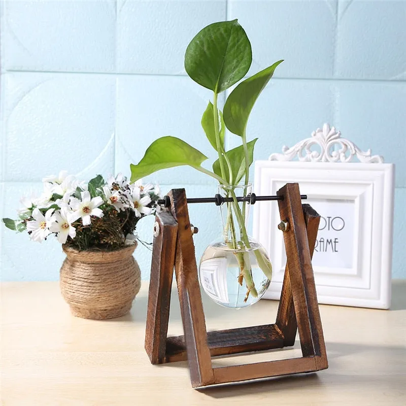 Glass and Wood  Planter Table Desktop Vase