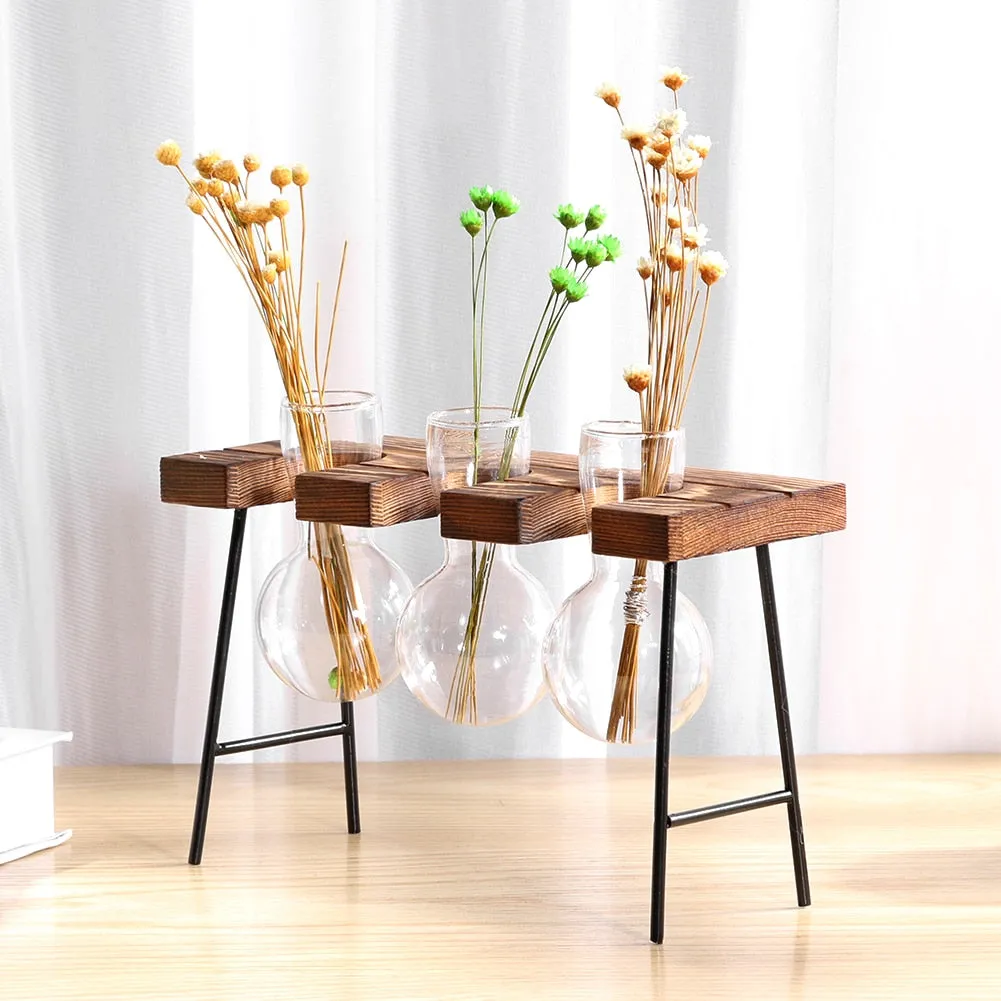 Glass and Wood  Planter Table Desktop Vase