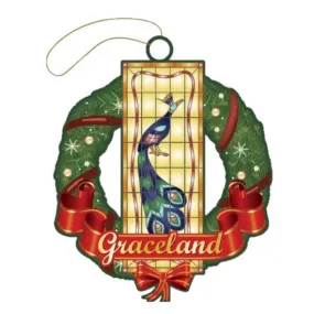 Graceland Peacock Wreath Wood Ornament