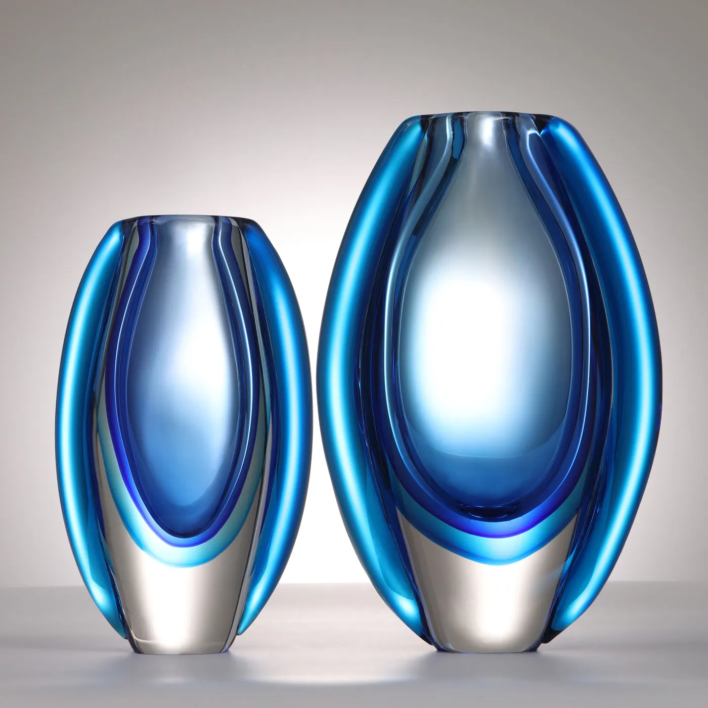 Hand Blown Sommerso Oval Art Glass Vase - Blue 8.5-10 inch tall