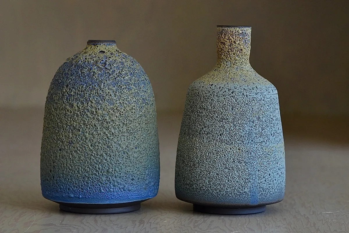 Heather Rosenman Two Short Blue with Yellow Volcanic Vases